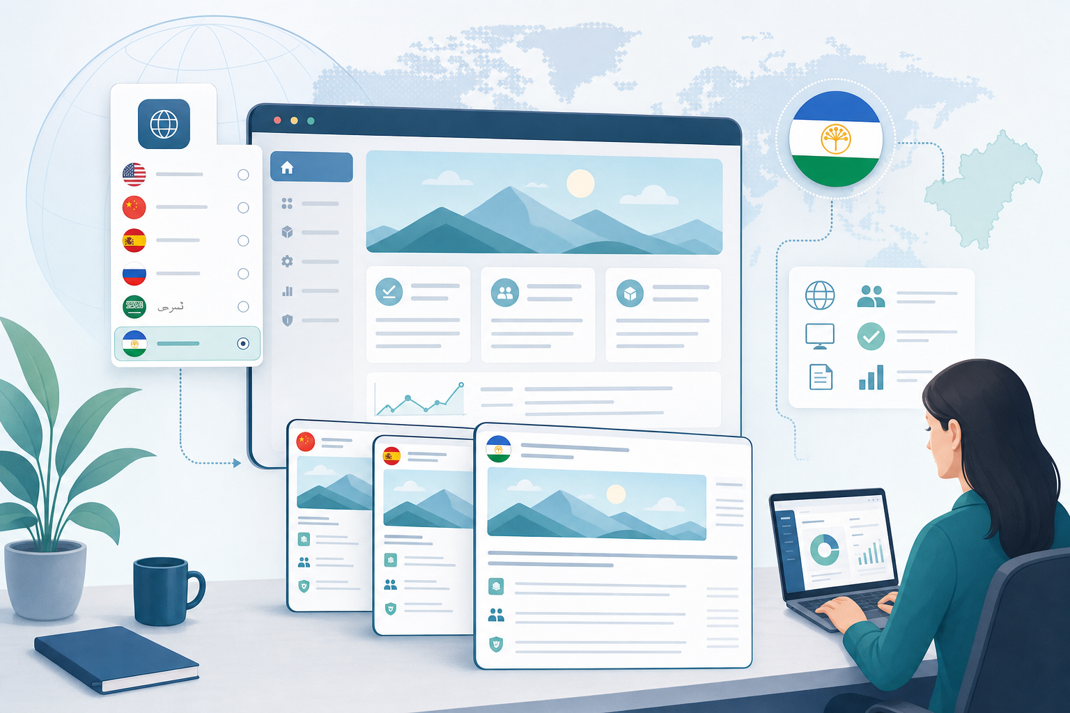 Illustration of a multilingual website interface with Bashkir available as one of the public languages.