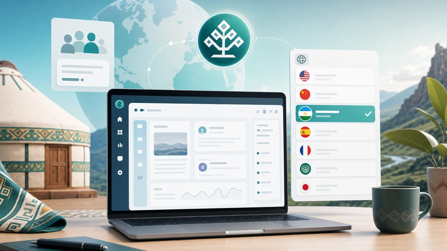 Illustration for a product update announcing Bashkir language support on the GoLivePilot site.
