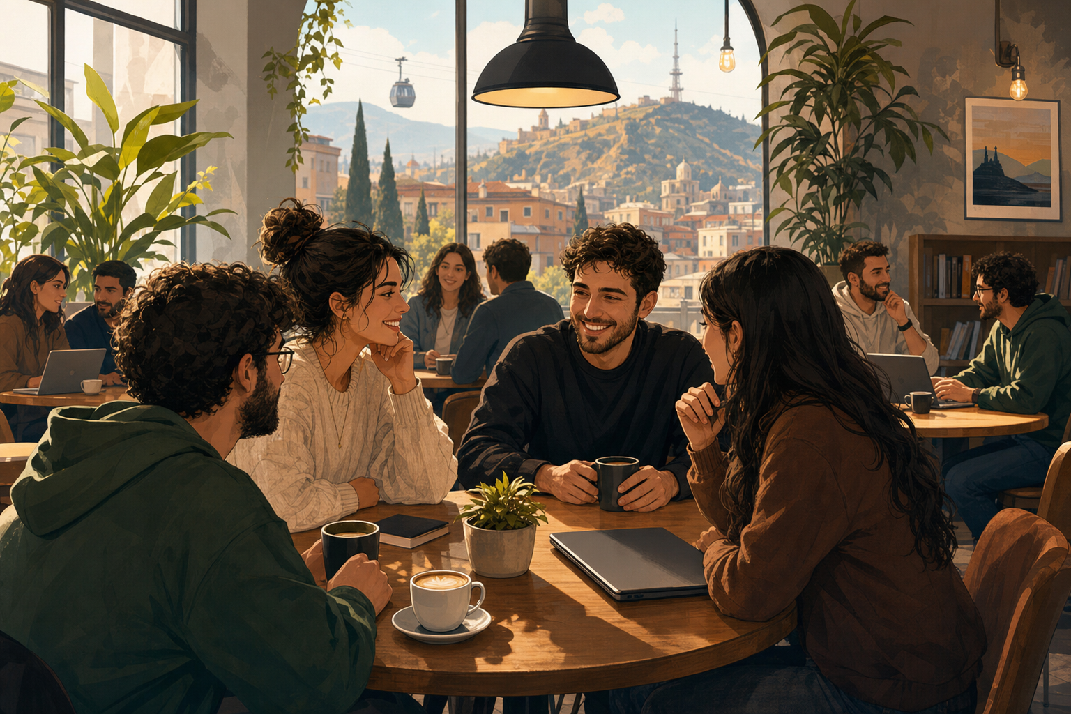 Illustrated Coffee&Code meetup scene in a Tbilisi cafe with tech participants talking over coffee.