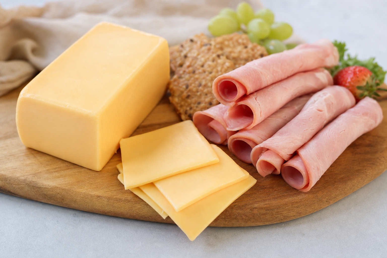 Processed cheese with ham presented on a simple serving board as a supporting gallery image.