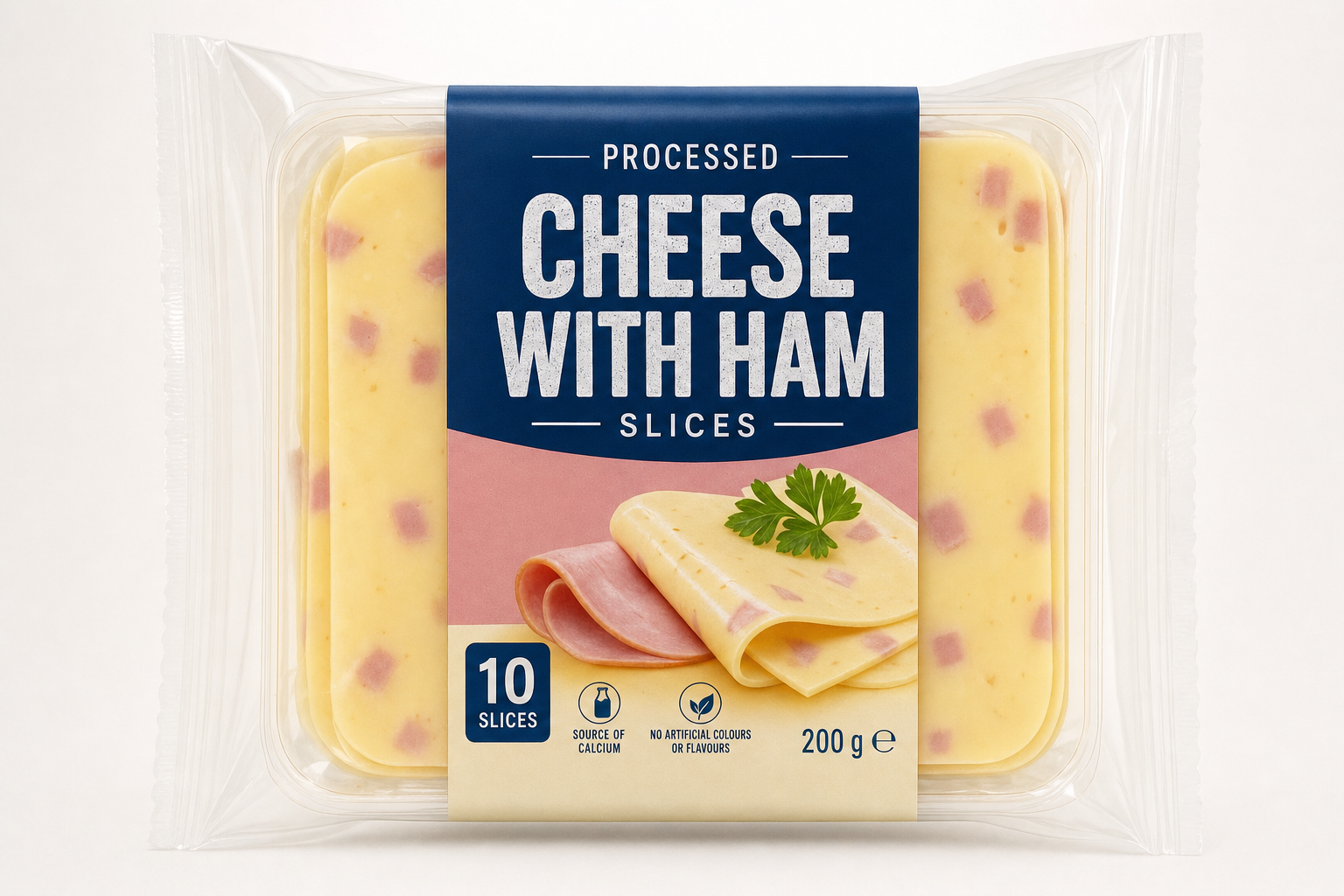 Packaged processed cheese with ham shown as a clean primary product image on a light background.