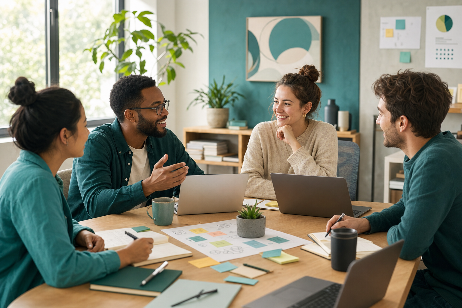 Team members collaborating around a table in a friendly work session.